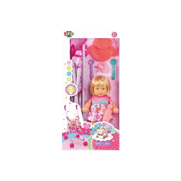 Καροτσάκι με Κούκλα 22.5 εκ. και σετ φαγητού Luna Toys 22x8x46 εκ.