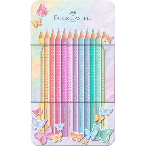 Κραγιόν Ξύλινα FABER CASTELL SPARKLE 12χρώματα ΠΑΣΤΕΛ σε μεταλλική κασετίνα