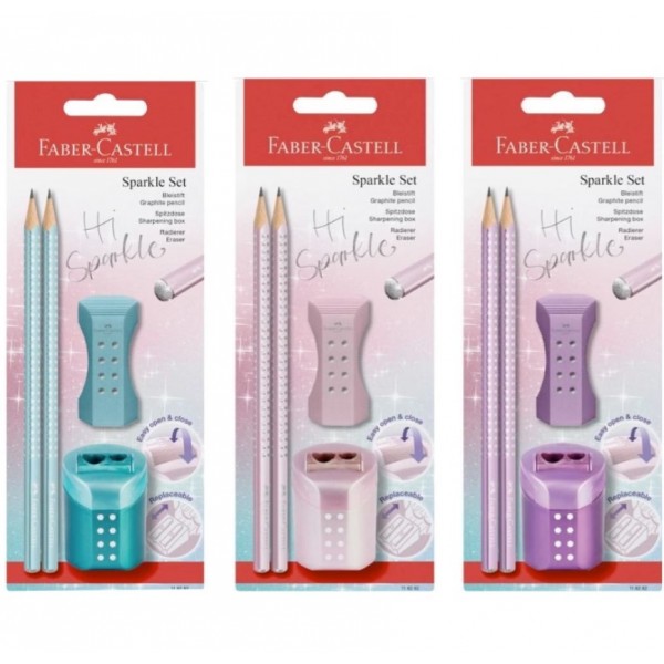 Σετ FABER CASTELL SPARKLE Νέο 2 Μολύβια -Γόμα- Ξύστρα ΜΩΒ-ΡΟΖ-ΤΥΡΚΟΥΑΖ