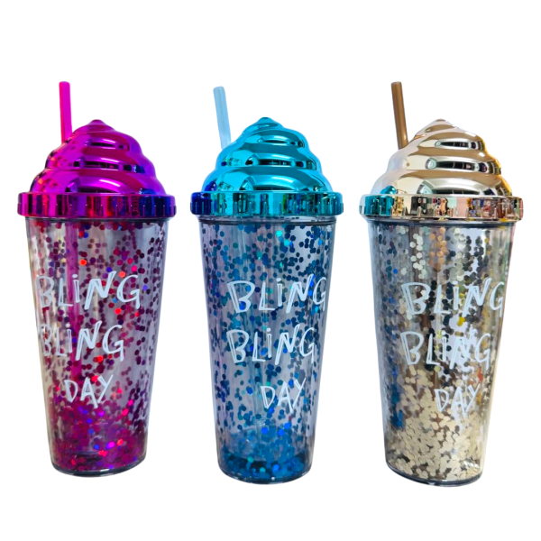 Ποτήρι Glitter με καπάκι ΠΑΓΩΤΟΥ διπλής στρώσης και καλαμάκι