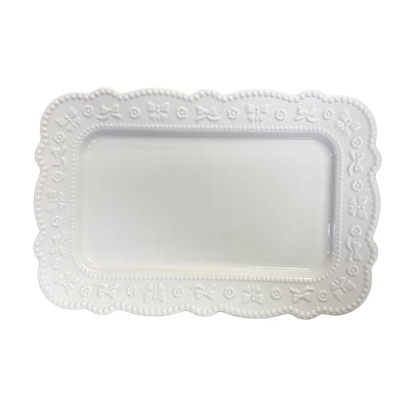 Πιατέλα Κεραμική Ορθογώνια ΛΕΥΚΗ με φιογκάκια 25x17εκ