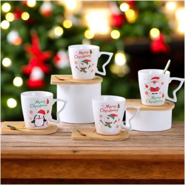 X-MAS Κούπα Κεραμική με Κουτάλι και Ξύλινο Πιατάκι