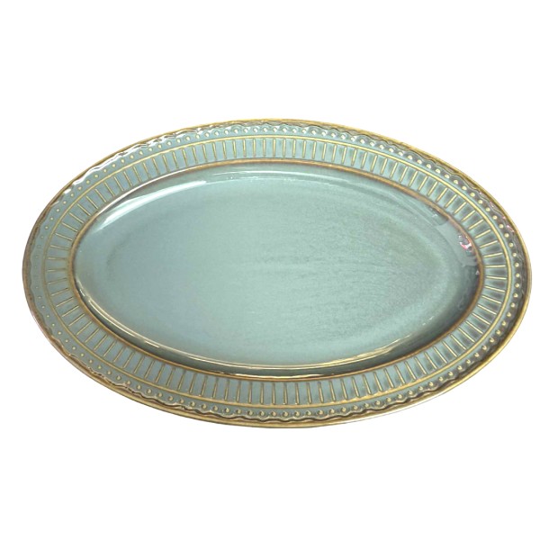 Πιατέλα ΟΒΑΛ Κεραμική Γκρι- Πράσινο με χρυσές γραμμές και τελίτσες