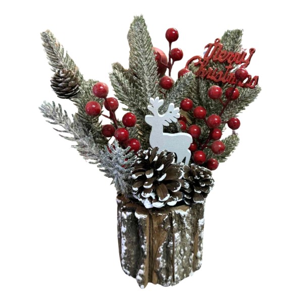 Χριστουγεννιάτικη Σύνθεση σε κορμό με λευκό Ελαφάκι MERRY CHRISTMAS