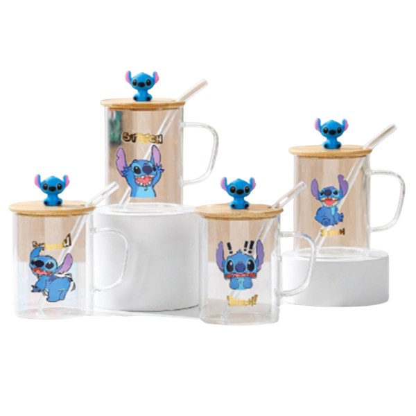 Κούπα Γυάλινη STITCH με Ξύλινο Καπάκι και Καλαμάκι