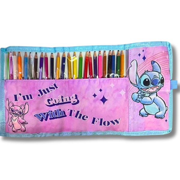 Σετ Υφασμάτινη Θήκη με Ξυλομπογιές 12 τμχ. STITCH Ροζ