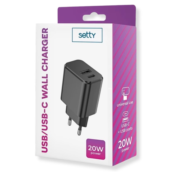 Φορτιστής Ταξιδίου SETTY USB A + USB C 20W BLACK